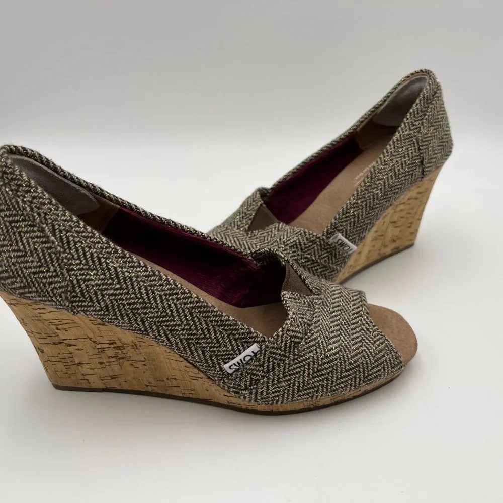 TOMS Stella Calypso Brown Metallic Herringbone Tweed Peep Toe Cork Wedge…‎